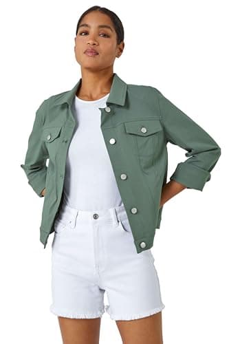 Image of Roman Originals Stretch Jacket for Women UK - Ladies Denim Jean Summer Coat Bengaline Casual Smart Utility Trucker Biker Fitted Classic Work Spring Soft Vintage - Khaki - Size 12