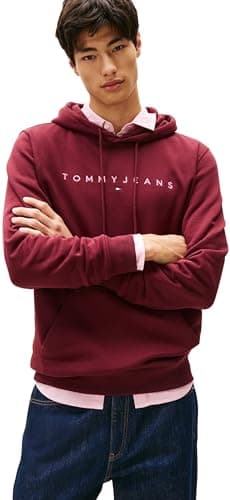 Image of Tommy Jeans Mens Tjm Reg Linear Logo Ext Dm0dm17985 Pullover Hoodie, Red (Red Wine Multi), XL UK