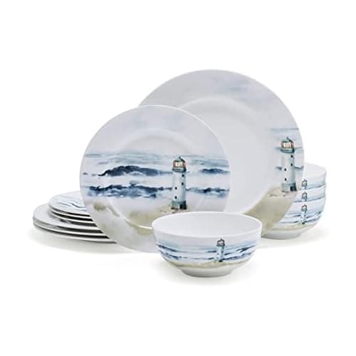 Image of Mikasa Seaside Coastal Bone China Lightweight Chip Resistant 12 Piece Dinnerware Set, Service for 4