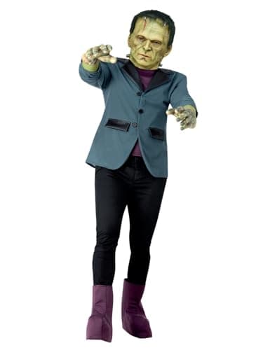 Image of Smiffys Universal Monsters Frankenstein Costume, Adults Jacket, Mock Top, Latex Mask & Gloves, Official License Outfit with Full Overhead Latex Mask & Gloves, Perfect for Halloween & Themed Parties