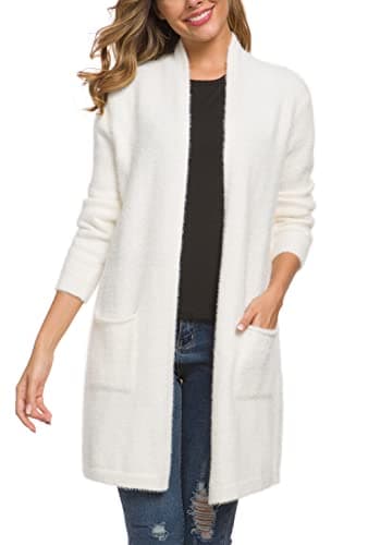 Image of IWOLLENCE Womans Long Boyfriend Cardigan Jumpers Thick Fuzzy Fluffy Knit Sweater Tops for Ladies UK Women's Cardigans (White, L)