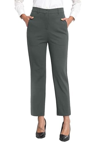 Image of GRECERELLE Womens Work Trousers Office Smart Stretchy High Elasticated Waist Straight Leg Casual Yoga Pants for Women UK with Pockets Zipper (Dark Grey, XL)
