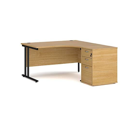 Image of Mr Office Maestro 25 right hand ergonomic desk with black cantilever frame and desk high pedestal bundle, Oak, 1400