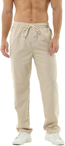 Image of Hoerev Men Casual Beach Trousers Linen Trousers Pants Beige