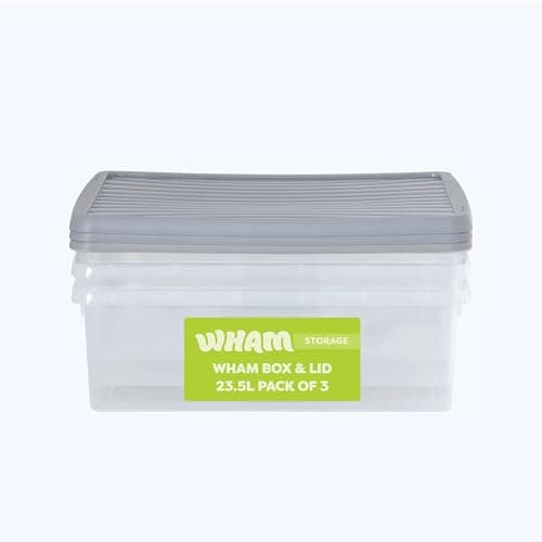 Image of Wham Box 3 x 23.5L Stackable Plastic Storage Boxes with Lids | Ideal for Home, Office, Toys & More | Secure, Ribbed Clip-On Lid for Added Strength | Made in UK - Clear/Steel