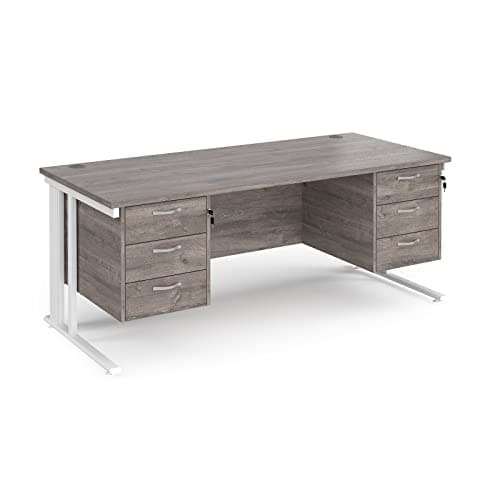 Image of Mr Office Maestro 25 straight desk 800mm deep with two and 3 drawer pedestals - white cable managed leg, Grey oak, 1800
