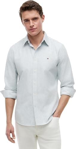 Image of Tommy Hilfiger Men Heritage Oxford Stripe RF Shirt MW0MW36238 L/S Shirt, Green, XL