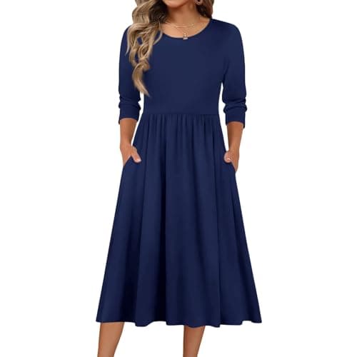 Image of Dresses for Women UK Casual Crewn Neck 3/4 Length Sleeve Elegant Flowy Solid Color Midi Spring Summer Fall Boho A Line Floral Long Dress