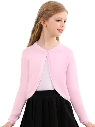 Image of Soudittur Girls Bolero Shrugs Long Sleeve Cotton One-Button Plain Wedding Bolero Cardigan Knitted Coat for Kids 3-12Years (UK, Age, 11 Years, 12 Years, Regular, Pink)