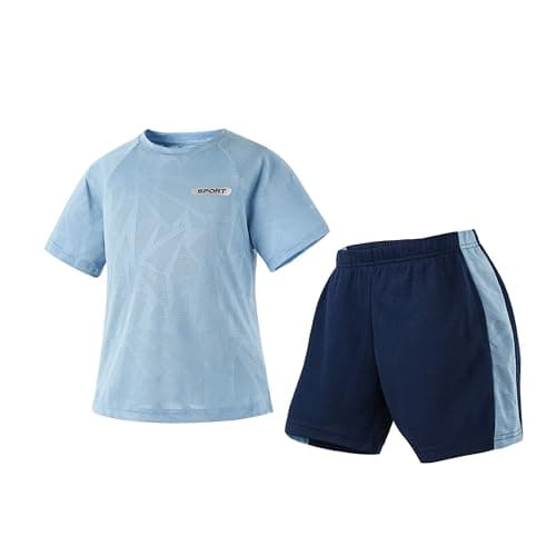 Image of QIMAOPH Kids Boys Short Sport Set Children Athletic Shorts and Performance T-Shirt Football Jersey Sets Crewneck Polyester Soccer Tennis Outfits Set Age 4-12 Years Old Lake Blue