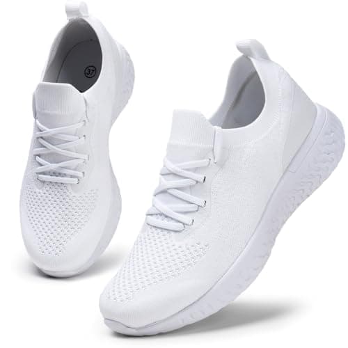 Image of Trainers for Women Lace Up Running Shoes Comfy Tennis Shoes Lightweight Walking Shoes Fashin Mesh Sneaker Ladies Fitness Workout Jogging Shoes White UK/5