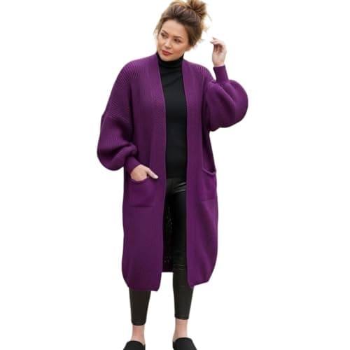 Image of HUBIBUBI Ladies Oversized Long Cardigan Balloon Sleeve Chunky Ribbed Open Knitted Maxi Jumper Ladies Maxi Knitted Puff Sleeve 2 Pocket Cardigan Boyfriend Sweater Top UK Size 8-22 Purple