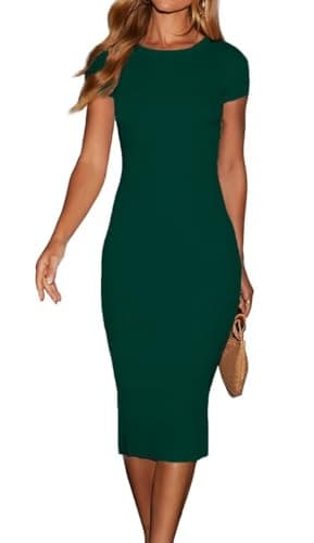 Image of LACOZY Women's Short Sleeve Wedding Guest Dress 2025 Sexy Crew Neck Wrap Ruched Bodycon Party Work Midi Dresses Green M