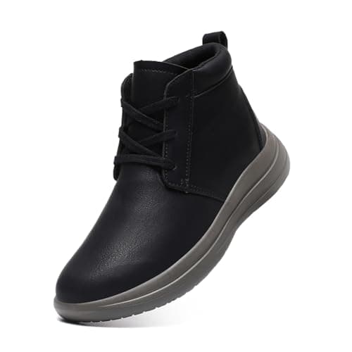 Image of Men Leather Sneakers Mid Top Outdoor Casual Trainers Shoes,Black,9.5UK