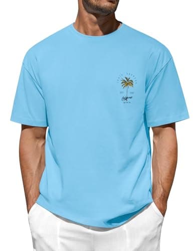 Image of TOMEEK Mens T Shirt Graphic T-Shirts Casual Short Sleeve Cotton Tee Shirts Palm Tree Print Summer Top Cool California T-Shirts for Men UK,Blue,XXL
