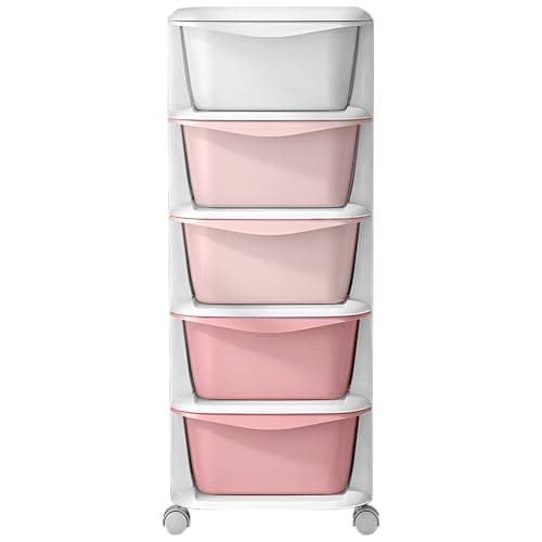 Image of Kids Storage Units with 5 Drawers, Plastic Storage Drawers, 5 Tier Chest Vertical Dresser Tower Toy Organizer, Space-Saving Draws for Office,Home,36X36X89cm, for Nursery Playroom Kindergarten (pink)