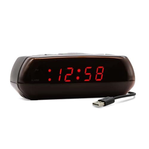 Image of Acctim Miramar Digital Alarm Clock USB Mains Powered with Battery Backup Red LED Bedside Alarm Clock