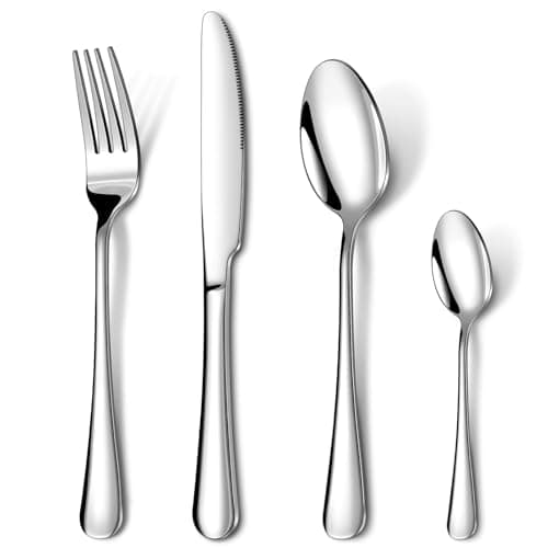 Image of Cutlery Set, HONKKU 16 Pieces Stainless Steel Flatware Set for 4 People, Mirror Polished Tableware Silverware Set with Spoon Knife and Fork Set for Home Kitchen, Dishwasher Safe