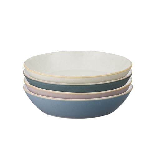 Image of Denby - Impression Mixed Colour Pasta Bowls Set of 4 - Dishwasher Microwave Safe Crockery - Blue, Pink, Cream, Black Ceramic Stoneware Tableware