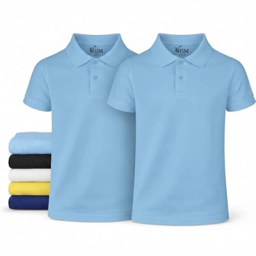 Image of KHIM Unisex Polo Short Sleeve Polycotton Boys Girls School Uniform Plain Half Sleeve Shirts Sports Wear Indoor Outdoor (UK, Age, 11 Years, 12 Years, Regular, Sky Blue 2 Pack)