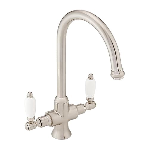 Image of ENKI, Dorchester, KT060, Brushed Nickel Dual Flow Kitchen Sink Mixer Tap for Basin, with Twin White Levers Swivel Spout Perfect for Double Bowl Sinks, Easy and Safe to use Drip Free Ceramic Valve