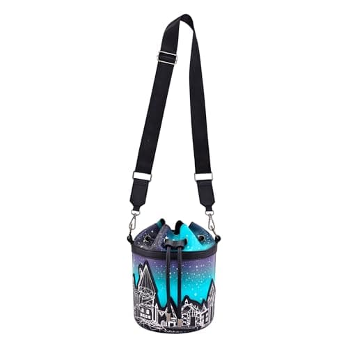 Image of Harry Potter Bucket Bag, Hogwarts Castle Mini Handbag with Adjustable Crossbody Shoulder Strap, Black, Black