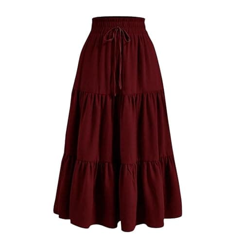 Image of Summer Skirts for Women UK Tiered Skirt Elasticated Waist Maxi Midi Long Skirts Solid Color Boho A Line Skirt Drawstring Waist Ruffled Flowy Swing Sundress for Daily Date Travel Holiday Party
