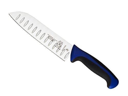 Image of Mercer Culinary Millennia Color Handle Cutlery 7" Santoku Knife (Granton Edge) Blue