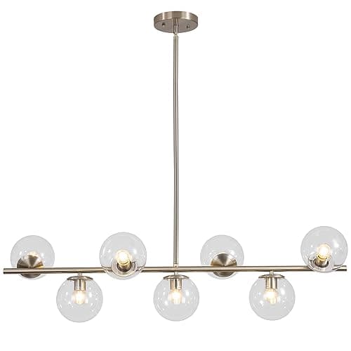 Image of KCO Lighting Modern 7-Light Brushed Nickel Metal Large Chandelier, Nordic Clear Glass Globe Farmhouse Pendant Light Silver Minimalist Adjustable Height Over Kitchen Island Lights, E27