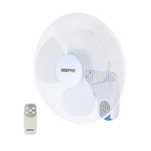 Image of GEEPAS 16-Inch Wall Mounted Fan with Remote Control - Electric Cooling Wall Fan for Home Office - 3 Speed Setting with Oscillating Feature - 3 Leaf PP Blades, 7.5 Hour Timer - 2 Year Warranty, White