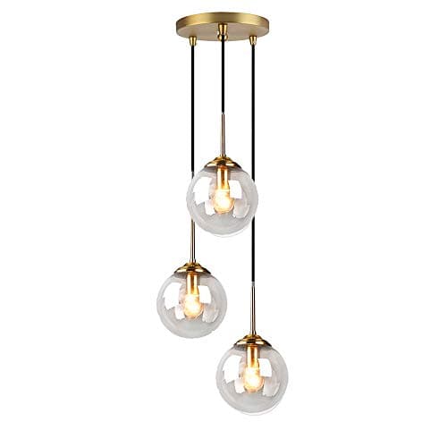 Image of MZStech Industrial Retro Loft 3 Way Pendant Light, Cluster Chandelier Hanging Lamp Fixture Brass Fittings with Glass Globe Lampshade (Clear)