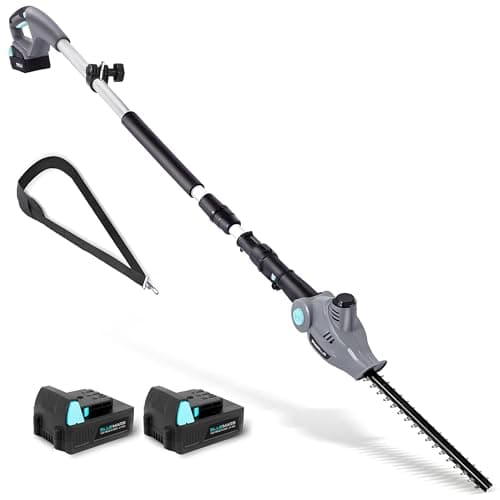 Image of BlueMars Cordless Telescopic Pole Hedge Trimmer Long Reach Extendable - 2x 2.0AH Battery, Shoulder Strap,Charger - For Hedges, Branches -135° Adjustable Trimmer Head - Dual Action Blades