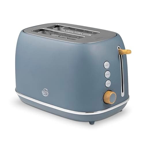 Image of Swan Fjord 2 Slice Toaster with 7 Browning Levels for Toast, Bagels, Breakfast Muffins, Defrost/Reheat/Cancel, Removable Crumb Tray, Non-Slip Feet, 800W, Grey with Wooden Accents, ST19030GRY
