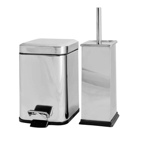 Image of Harbour Housewares Bathroom Bin & Brush Set - Chrome - 2pc Square Stainless Steel Pedal Bin & Toilet Brush Set Slim Small Trashcan for Kitchen Waste, Bathroom Rubbish