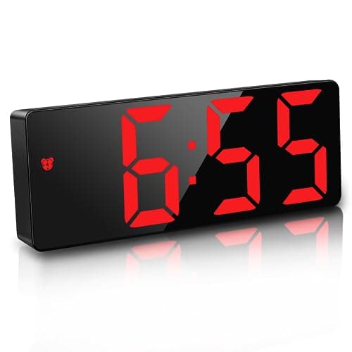 Image of JQGO Alarm Clock Digital Battery Powered, LED Travel Alarm Clocks Beside Mains Powered Non Ticking with Snooze Temperature Date Time Brightness Adjustable for Kids Adults, Red