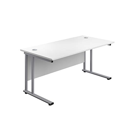 Image of Office Hippo Heavy Duty Rectangular Cantilever PC Desk, Home, Table, Integrated Cable Ports, 5 Yr Wty, Silver Frame, White Top, 160 x 80 x 73 cm