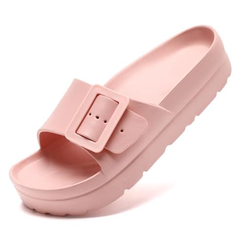 Image of Waysoland Platform Sandals for Women with Arch Support Comfortable Slides Thick Soles Flat Sandals With Adjustable Buckle & Ultra Cushion(Pink,6 UK)