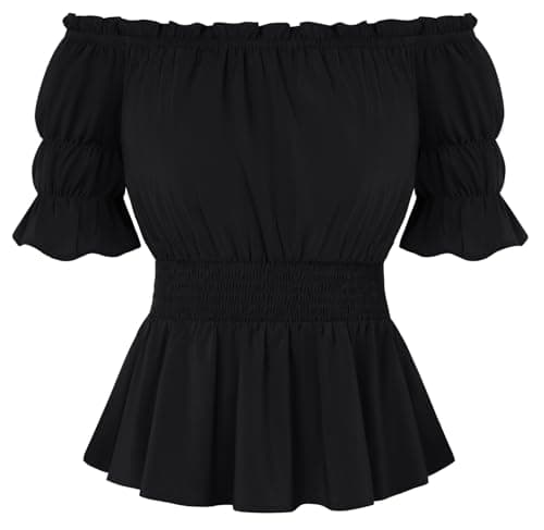 Image of SCARLET DARKNESS Women's Medieval Off-Shoulder Elastic Waist Top with Ruffled Neckline, Sleeves and Hem Black XXL