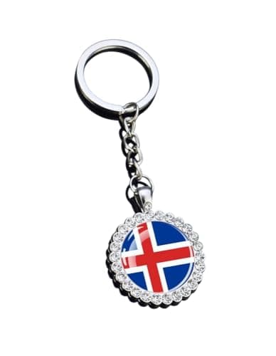 Image of Heiorpai 1PCS Periphery Inlaid Rhinestones Stainless Steel Country Flag Keychain Metal Key Chain Key Ring, Blue Iceland, One size