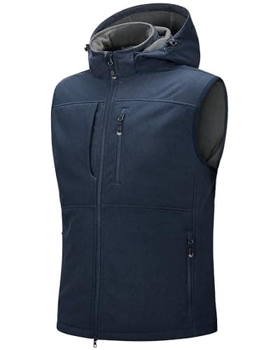 Image of 33,000ft Men‘s Softshell Gilet Waterproof Activewear Vests Windproof Fleece Lined Gilets with Hood Sleeveless Softshell Jacket for Hiking, Golf, Travelling,Safari Dark Blue Heather XL