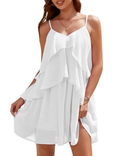 Image of Women's Casual Summer Beach Party Short Boho Dress V Neck Ruffle Layered Swing Dresses Graduation Party Outfit White M