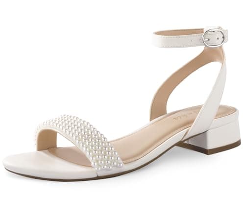 Image of Ankis Black Nude White Red Women Sandals Comfortable Walking Strappy Open Toe Sandals for Women Dressy Summer 1 Inch Low block Heel Flat Adjustable Ankle Strap Wide Available Shoes 2024, White Pearl,
