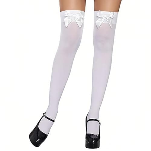 Image of Makoto Nobu White Satin Bow Women's Opaque Thigh High Stockings, Over Knee Long Socks With White Bows, Hold Up Stockings Knee Tights for Women