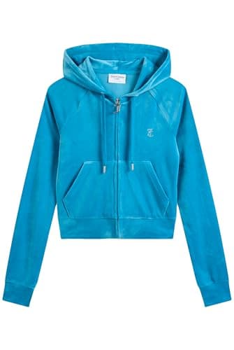 Image of Juicy Couture Women's Madison Hoodie Hooded Sweatshirt Jacket with Hood and Zip Made of Velour Hoodie, Turkish Tile, M