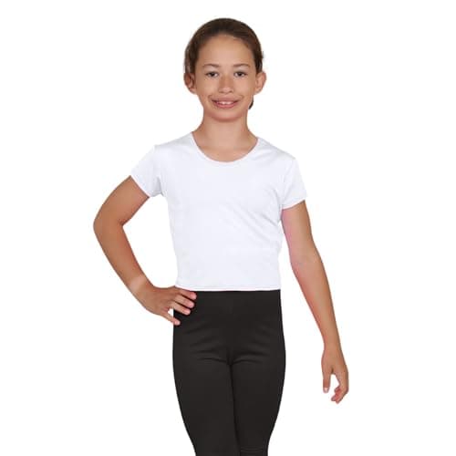 Image of janisramone® Girls Short Sleeve Tee Shirts, Stretchy Microfiber Round Neck Crop Tops for Girls, Plain Summer Top, Kids Running Yoga Playing Active Sports Wear Cropped T-Shirt White