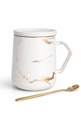 Image of SUBLIX Marble Effect Coffee Mug Set with Lid & Gold Spoon – Black & White Ceramic Cups, 350ml, Luxury Tea Mug Gift Set for Couples (1, White)