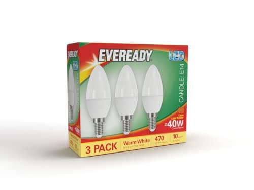 Image of Eveready E14 LED Light Bulb, Warm White 3000K, 40W Equivalent, 470 Lumen LED Candle Bulb, SES Small Edison Screw Light Bulbs, Non-Dimmable, Pack of 3