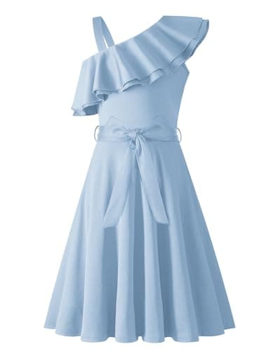 Image of Arshiner Girls Dresses One-Shoulder Kids Dresses Summer Sleeveless Dress Ruffle Neck Elegant Party Festival Dresses Swing with Belt Dress for Girls 13-14 Years Light Blue