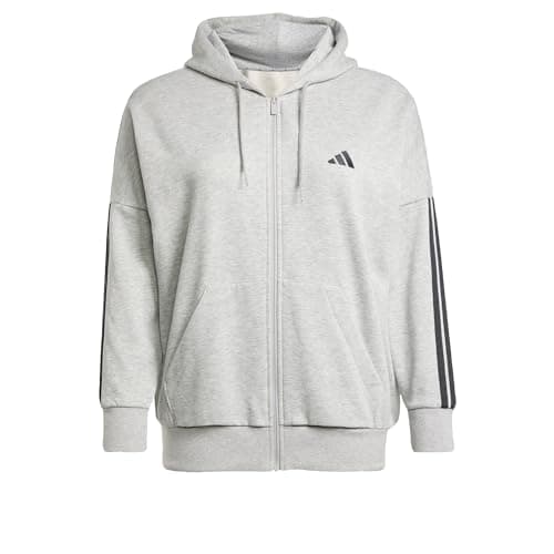 Image of adidas Women's ESSENTIALS 3-STRIPES FULL-ZIP FLEECE HOODIE (PLUS SIZE), Medium Grey Heather/Black, XL Plus