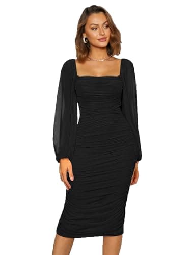 Image of Plustrong Women's Mesh Long Sleeve Square Neck Bodycon Midi Dress Ruched Cocktail Party Formal Fall Wedding Guest Dresses, Black, XL